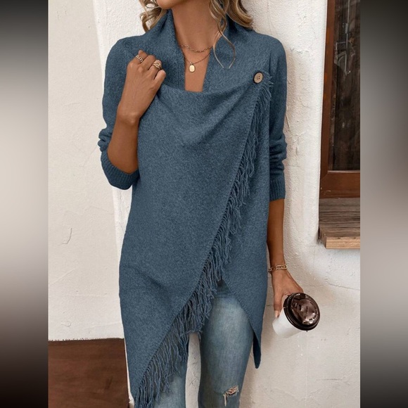 Classic solid knit button Fringe Wrap Cardigan - Picture 2 of 8